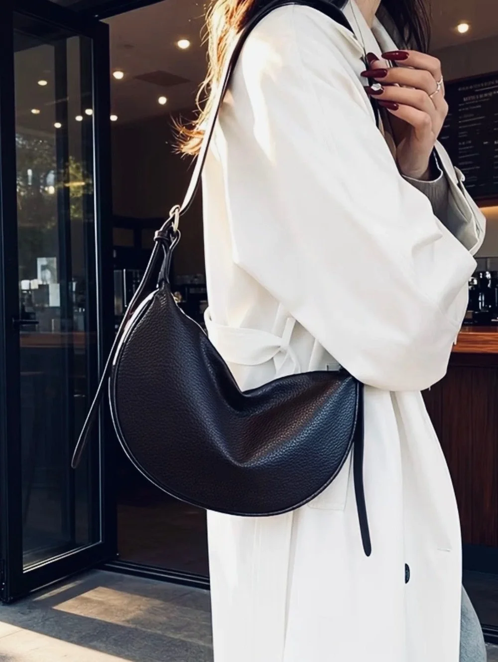 New -Sleek & Stylish -Genuine Leather Crescent Hobo Bag -Black